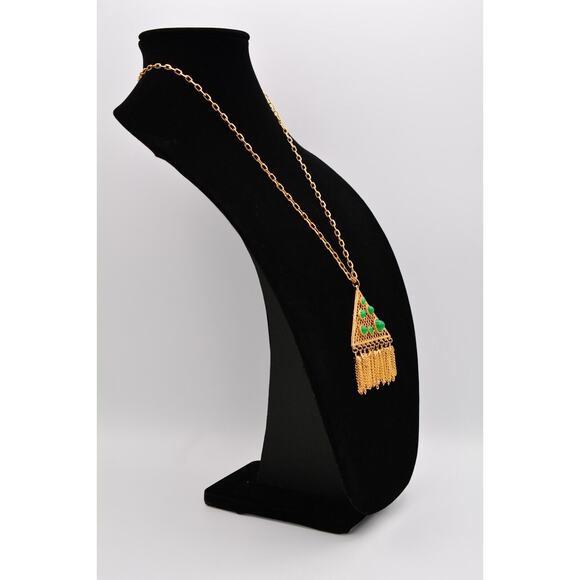 Cabochon Chain Tassel Necklace Pendant Green Gold Tone Dangle Vintage BinR - Picture 5 of 12